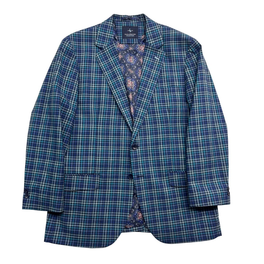 Tailorbyrd 42S Blue Teal Check Blazer Jacket Cotton Lightweight Sport Suit Coat